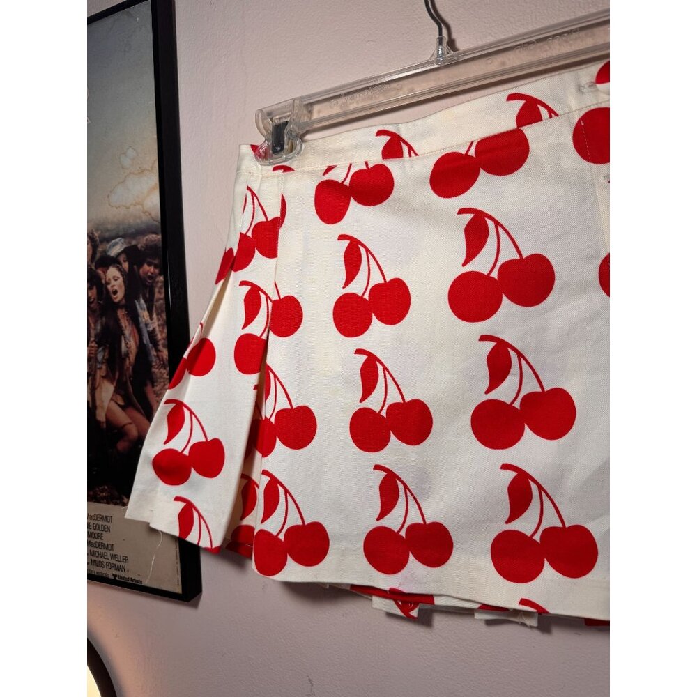 Vintage Luella Bartley Cherry Print Pleated Wrap Mini Skirt Size 3 - Picture 2 of 9